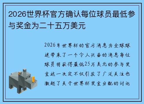 2026世界杯官方确认每位球员最低参与奖金为二十五万美元