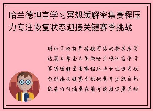 哈兰德坦言学习冥想缓解密集赛程压力专注恢复状态迎接关键赛季挑战